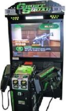 A video game system with a large screen and many controllers.