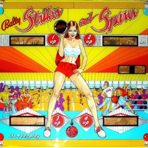 A pinball machine with a woman in white shorts and red top.
