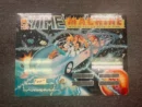 A time machine poster with people riding on it.