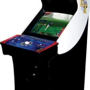 A video game machine with a golf course on the screen.