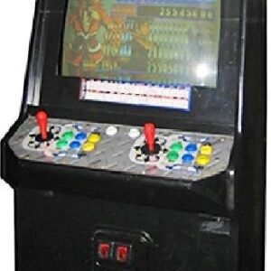 A black arcade machine with two buttons and a large screen.