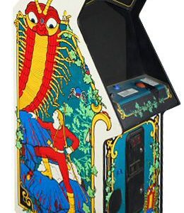 A colorful arcade machine with a man and a dragon.