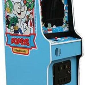 A blue arcade machine with a cartoon character on it.