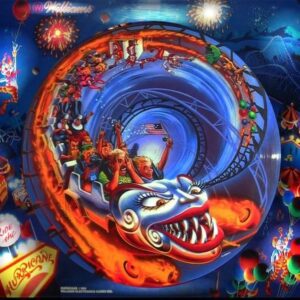 A painting of people riding on a roller coaster.