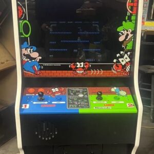 A video game machine with two controllers and a large screen.