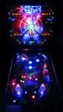 Neon-lit Xenon pinball machine playfield