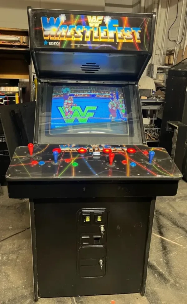 WWF WrestleFest arcade cabinet with lit screen