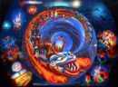 A colorful painting of a roller coaster with people riding it.