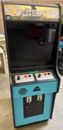 A blue and black arcade machine with two buttons.