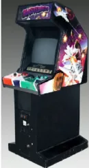 Upright arcade machine featuring colorful side artwork