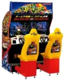 A video game with two seats and a large screen.