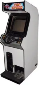 A white arcade machine with a steering wheel.