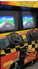 A video game console with steering wheel controls.