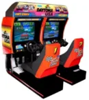 A video game that is very colorful and has two cars.