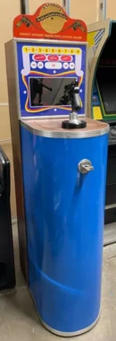 A blue water cooler with a wooden top.